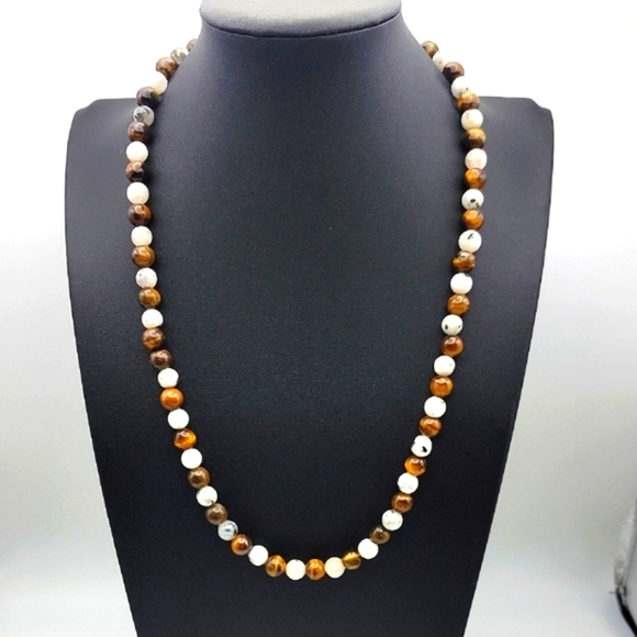 240 Cts Natural Tiger Eye & Moonstone Round Shape Beaded Gemstone 20" Necklace - Picture 1 of 8